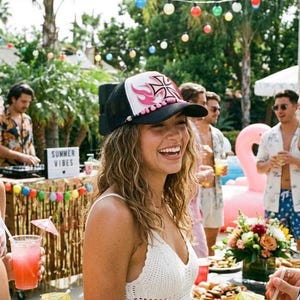 May include: A woman wearing a white crochet top, denim shorts, and a black trucker hat with a pink and white design. The scene is a backyard party with string lights, drinks, and food. The sign says "Summer Vibes".