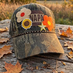 Camo NAPA Patch Hat for Women, Mossy Oak Camouflage Ball Cap with Flower Patches & Studded Band, Adjustable Country Girl Hat