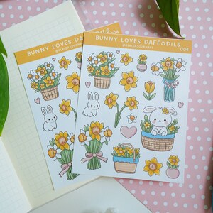 Hasen-Narzissen-Aufkleberblatt für Zeitschriften und Planer, Narzissen-Frühlings-Sommer-Blumenaufkleber, süßer Hasen-Aufkleberbogen, Bullet-Journal-Deko