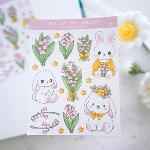 Häschen Maiglöckchen Sticker Sheet für Journale und Planer, Frühlingsdeko, Frühlingsdeko, süßes Häschen Sticker Sheet