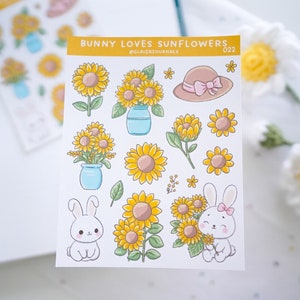 Bunny Sunflower Sticker Sheet for journals and planner, sunflower summer yellow flower sticker, cute bunny sticker sheet bullet journal deco