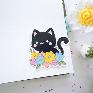 Naklejki wodoodporne kwiaty czarny kot, słodka naklejka na szczęście z czarnym kotem, naklejka winylowa na butelkę z wodą kobo laptop, kawaii czarny kot