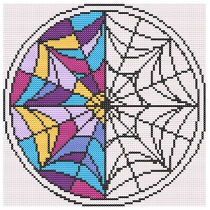 Peut inclure: Un motif de point de croix circulaire avec un design de vitrail coloré sur une moitié et un design géométrique noir et blanc sur l'autre moitié.