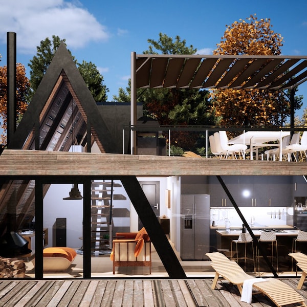 Modern A-Frame Architectural Plans, Tiny House Plans, Loft Plans, English & French Languages