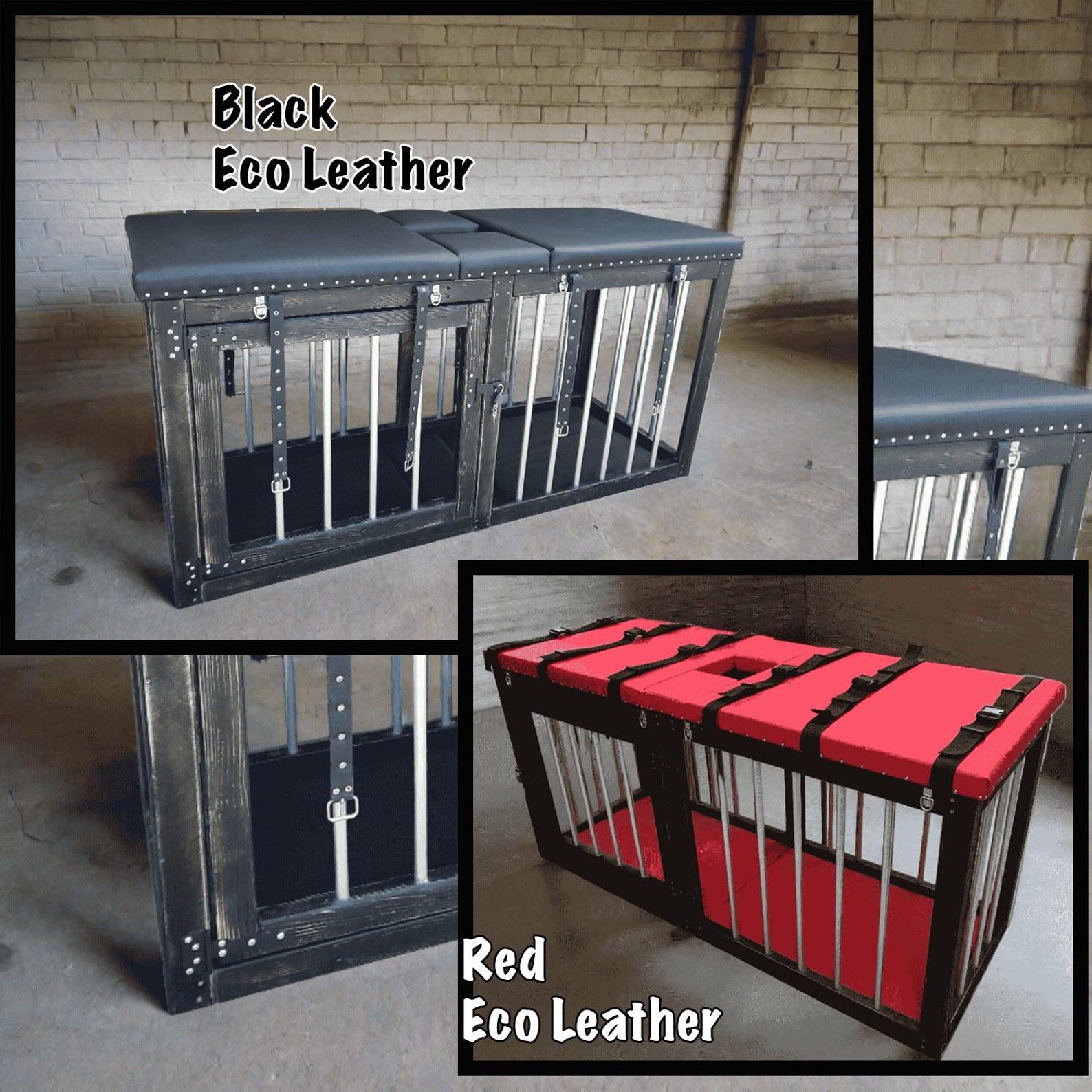 Bondage cage bench shown in red and black eco-leather upholstery, with padded top and locking steel bar construction.