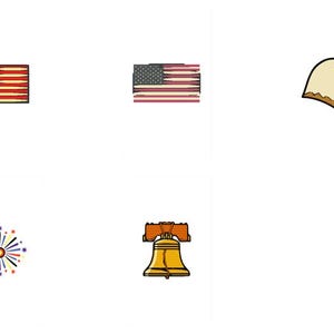 May include: A collection of five distinct icons featuring a horizontal American flag, a distressed American flag, a bald eagle head in profile, a multi-coloured firework burst, and a golden Liberty Bell with a brown wooden yoke top.