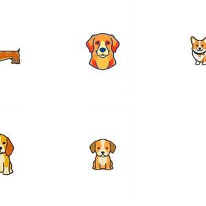 Könnte beinhalten: Eine Sammlung von fünf farbenfrohen Hundeillustrationen, bestehend aus einem braunen Dackel, einem Golden Retriever-Kopf, einem hellbraun-weißen Corgi, einem sitzenden Beagle und einem kleinen braun-weißen Welpen im klaren Grafikstil.