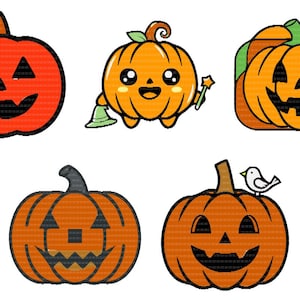 May include: A collection of five orange pumpkin illustrations. The top row features a classic jack-o'-lantern, a small character holding a wand and hat, and a square-shaped pumpkin. The bottom row shows two pumpkins with carved faces, one with a bird.