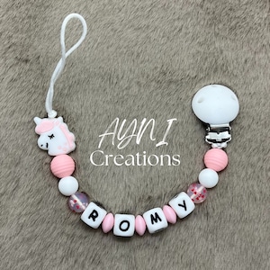 Personalized silicone pacifier clip, Unicorn model - birth gift