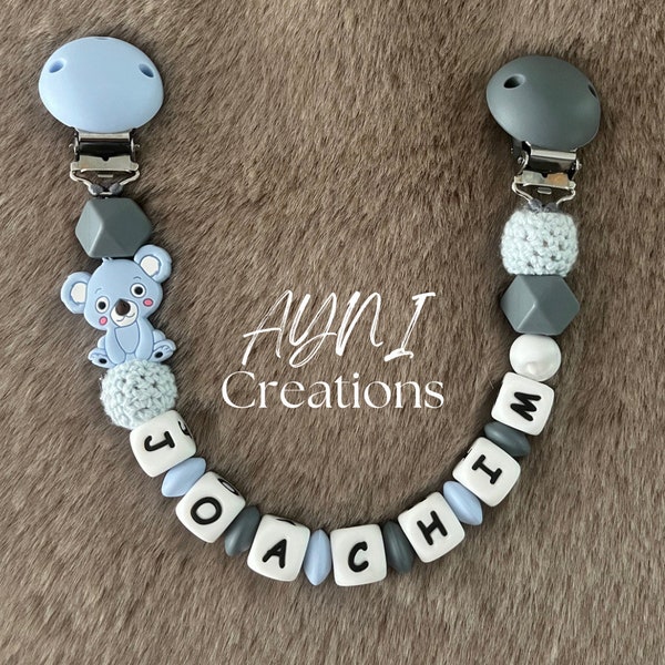Attache-doudou personnalisée en silicone avec perle au choix, exemple Koala - cadeau de naissance