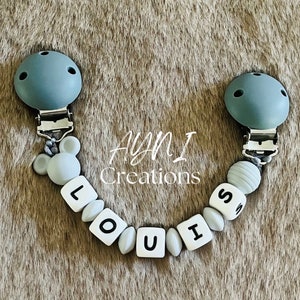 Personalisierter Kuscheltierclip aus Silikon mit Perle Ihrer Wahl, Beispiel Mickey - Geschenk zur Geburt