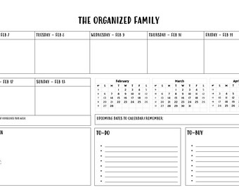 May include: A black and white printable weekly planner with a calendar for February, March, and April. The planner includes sections for meal planning, to-do lists, and to-buy lists.