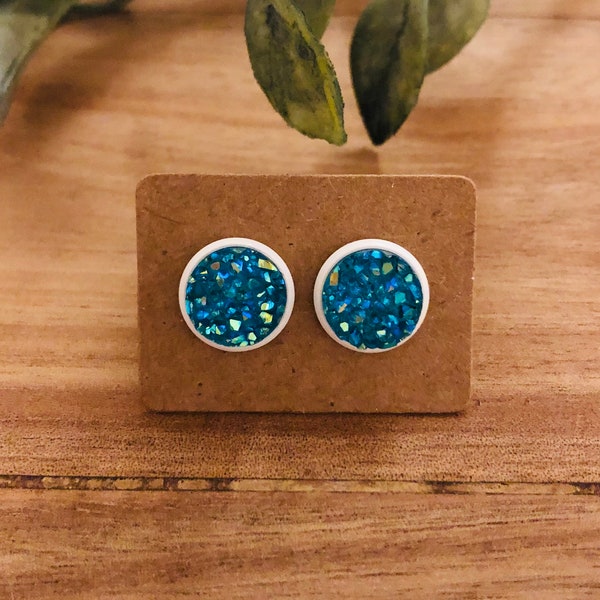 Sparkly Turquoise Stud Earrings, Druzy Stud Earrings, Iridescent Studs, Everyday Earrings, Gift for Her, Birthday Giff