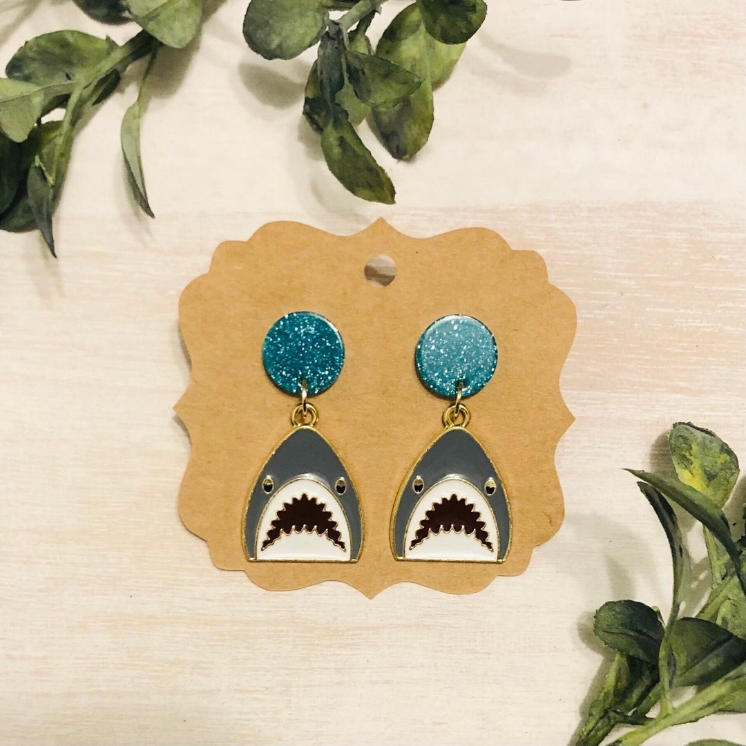Metal Shark Earrings, Shark Week, Blue and Grey Dangle Shark Earrings ...