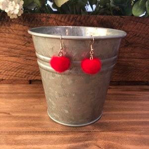 Red Fuzzy Pom Dangle Earrings, Lightweight Red Everyday Earrings, Trendy Fun Earrings, Gift for Her, Birthday Gift