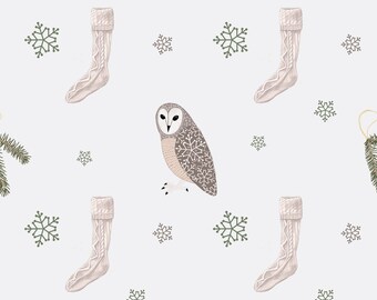 Christmas Wrapping Paper | Owl, Stockings, and Snowflakes Gift Wrap (Sustainable, Plastic Free, Eco Friendly, Christmas Gift Wrap)