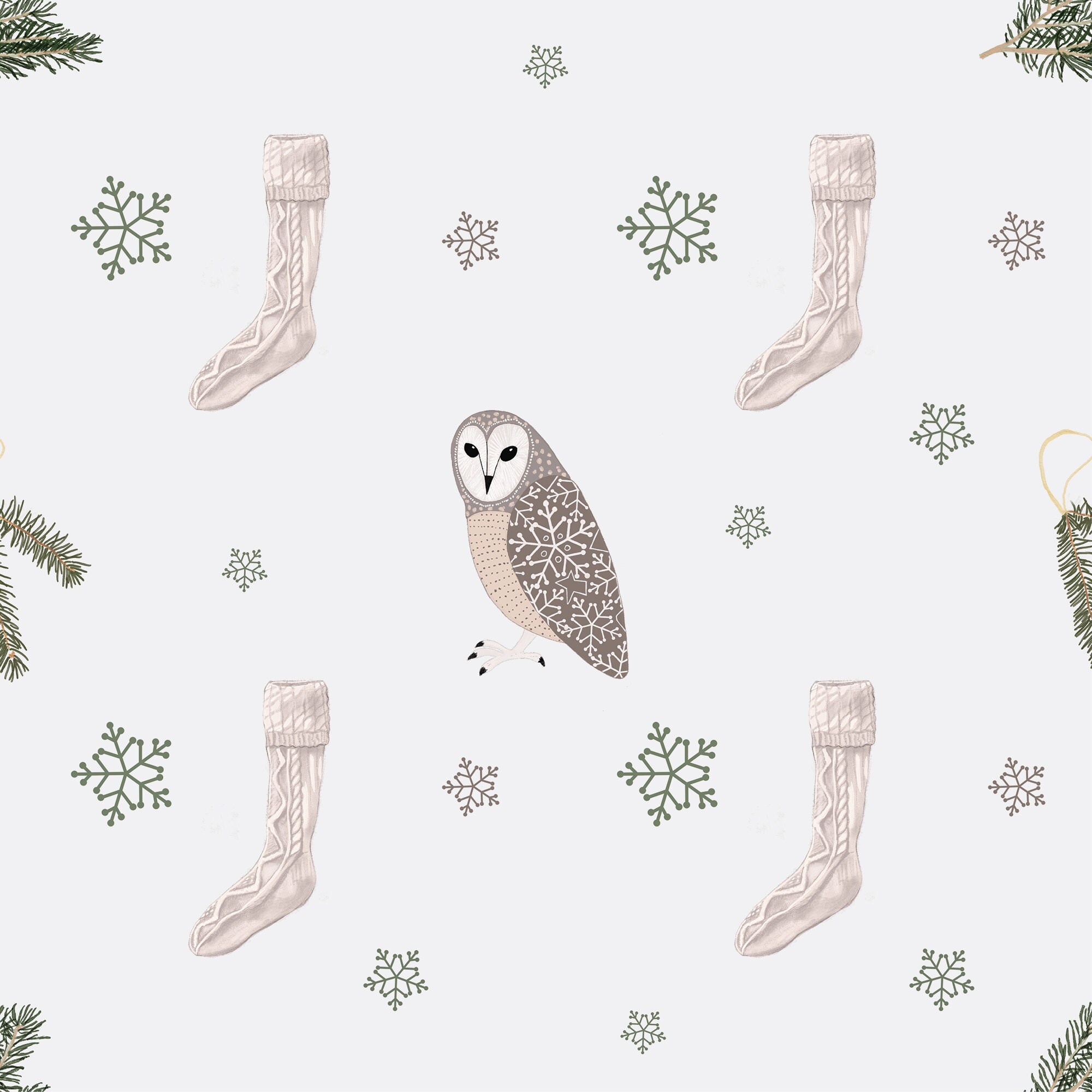 Christmas Wrapping Paper | Owl, Stockings, and Snowflakes Gift Wrap (Sustainable, Plastic Free, Eco