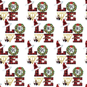 May include: A red and black plaid pattern with the word "LOVE" in gold letters. The letters are decorated with a wreath of holly, a pair of glasses, a wand, and a Hogwarts house crest. The pattern repeats throughout the image.