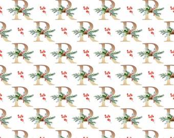 Christmas Monogram R Gift Wrap | Zero Waste, Plastic Free White Wrapping Paper
