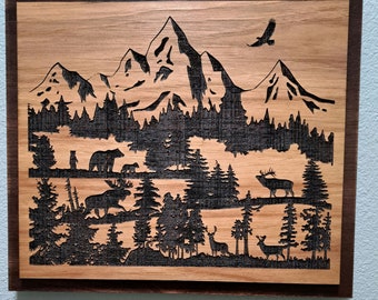 Mountain Scene, engraved, laser, SVG, DIGITAL FILE, glowforge, elk, moose, deer, bear, eagle.