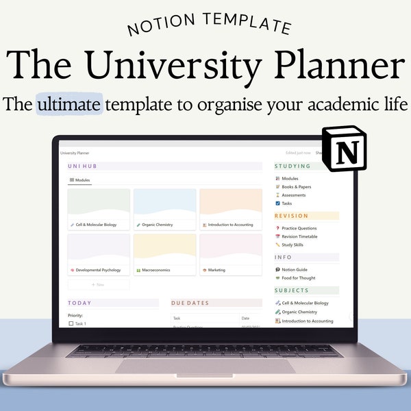 Sjabloon voor ideeën voor universitaire studenten | Academische Planner, Uni Organizer, Productiviteitstool, Digitale Planner voor Notion