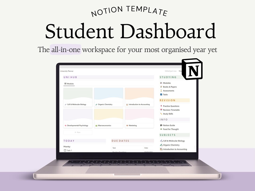 Student Dashboard Notion Template // Uni Study Organiser Productivity ...