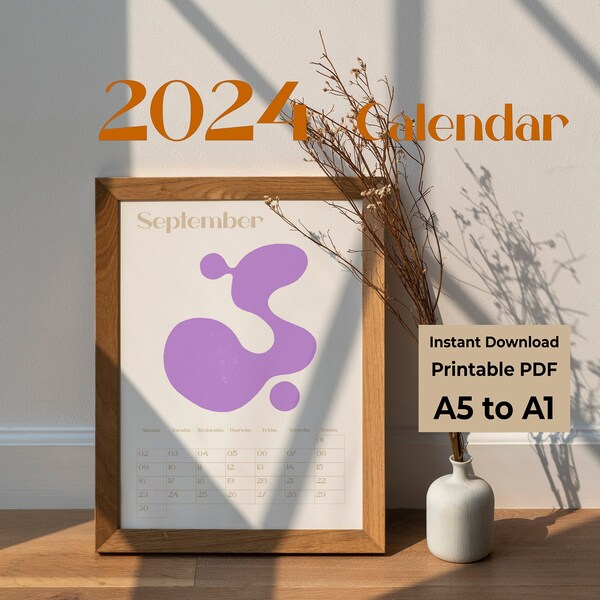 Printable 2024 Calendar, Instant Download, Minimalist Monthly Planner, A1, A2, A3, A4, A5, PDF, Abstract Modern Colorful Design, Wall Print