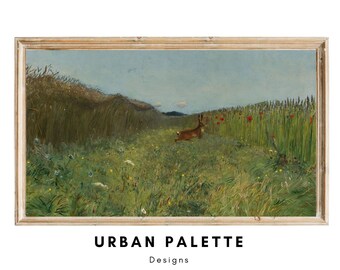 Samsung Frame TV Art Vintage, Spring Painting, Rabbit in Field, Instant Download, Frame TV Art, Cozy Home Decor, Digital Download