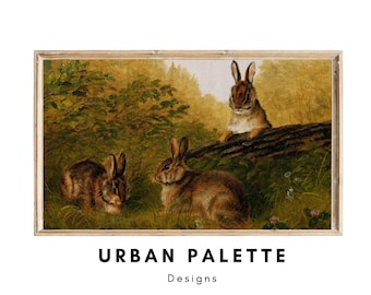Samsung Frame TV Art Vintage, Spring Painting, Easter Rabbits Landscape Instant Download, Frame TV Art, Cozy Home Decor, Digital Download