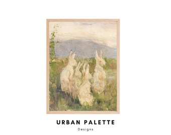 Arte de pared imprimible vintage, pintura de primavera, conejos en el campo, pintura de primavera, arte de Pascua, decoración acogedora del hogar, descarga digital instantánea