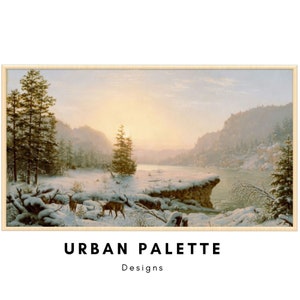 Samsung Frame TV Art Vintage Winter Landscape Beautiful Scenery  Snow, Deer, Forest, Lake, and Mountains, Digital Download Art for Samsung