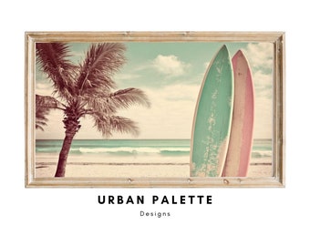 Samsung Frame TV Art Coastal, Pastel Surfboards on Beach, Cozy Home Decor, Instant Digital Download Art, Ocean Art,  Beach Landscape Art
