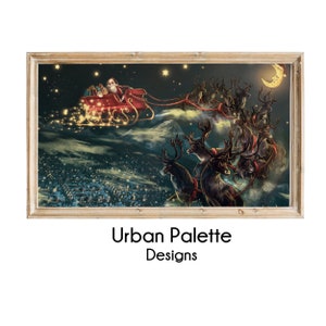 Vintage Christmas Samsung Frame TV Art, Santa Claus Painting Art for Frame TV, Santa Flying in his Sleigh, Reindeer Pulling Sleigh