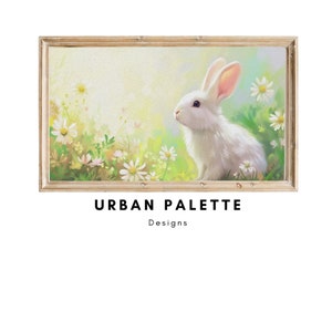 Pasen Frame TV Art White Bunny, Samsung Frame TV, Samsung Frame TV Art Neutraal, TV Artwork Cute Easter Bunny Picture in Field of Madeliefjes