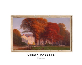 May include: A painting of a rural scene with a farmhouse in the background and a group of trees in the foreground. The trees are in shades of red, orange, and yellow, suggesting autumn. The sky is a soft blue with hints of pink and purple.
