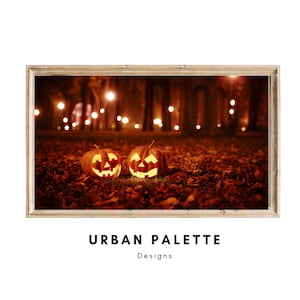 Samsung Frame TV Art Halloween, Autumn Leaves, Bokeh Light, Pumpkins, Jack O Lanterns, Frame TV Art Halloween Neutral