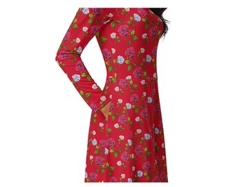 Red Floral Long Sleeve Midi Dress