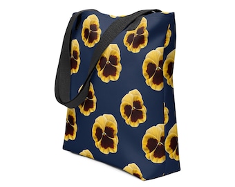 Hand Drawn Pansy Floral Navy Tote Bag