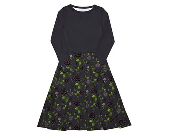 Black Midi Dress with Flower Rose Design