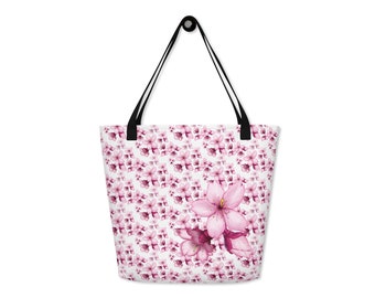 Pink Cherry Blossom Tote Bag with Pocket