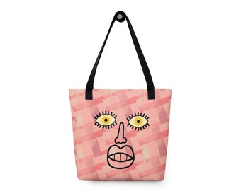 Quirky Face Geometric Peach Tote Bag