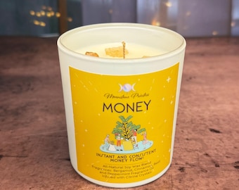 Money Candle with Citrine Crystals - 8oz Jar for Abundance, Prosperity, and Manifestation