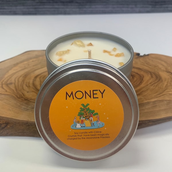 Money Spell Candle with Citrine Crystals Travel Tin