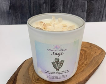 Clearing Negative Energy Sage Candle with Clear Quartz Crystals - Energy Cleansing Ritual