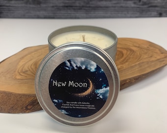 New Moon Candle with Selenite Crystals Travel Tin