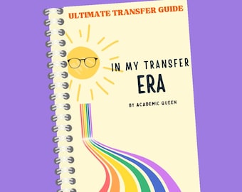 May include: A yellow notebook with a spiral binding. The cover features a sun with glasses, a rainbow road, and the text "Ultimate Transfer Guide In My Transfer Era By Academic Queen".