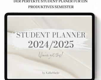 Puede incluir: La pantalla de una tableta digital muestra un planificador de estudiantes para el año escolar 2024-2025. El texto "STUDENT PLANNER 2024/2025" se muestra en un cuadro blanco con un efecto de pincelada gris. El texto "You've got this!" se muestra debajo del título del planificador. El texto "by KathaMariie" se muestra en la parte inferior de la pantalla.