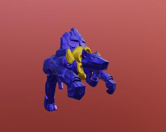 Puede incluir: Modelo 3D de una criatura estilizada, principalmente en tonos azules con acentos amarillos. La criatura tiene una postura cuadrúpeda, con una cabeza felina. El fondo es de un color naranja rojizo sólido.