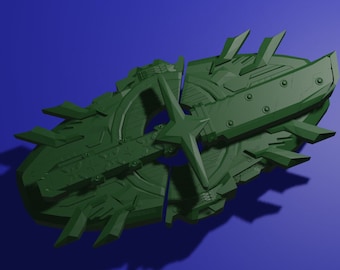 May include: A broken, green, futuristic shield with a star-shaped design in the center. The shield is made of metal and has a sharp, jagged edge.