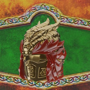 May include: A gold and red helmet featuring a dragon-shaped crest on top and a face mask with a textured grill design. The helmet is centered against a green rectangular background framed by an ornate, multi-colored border with intricate patterns.